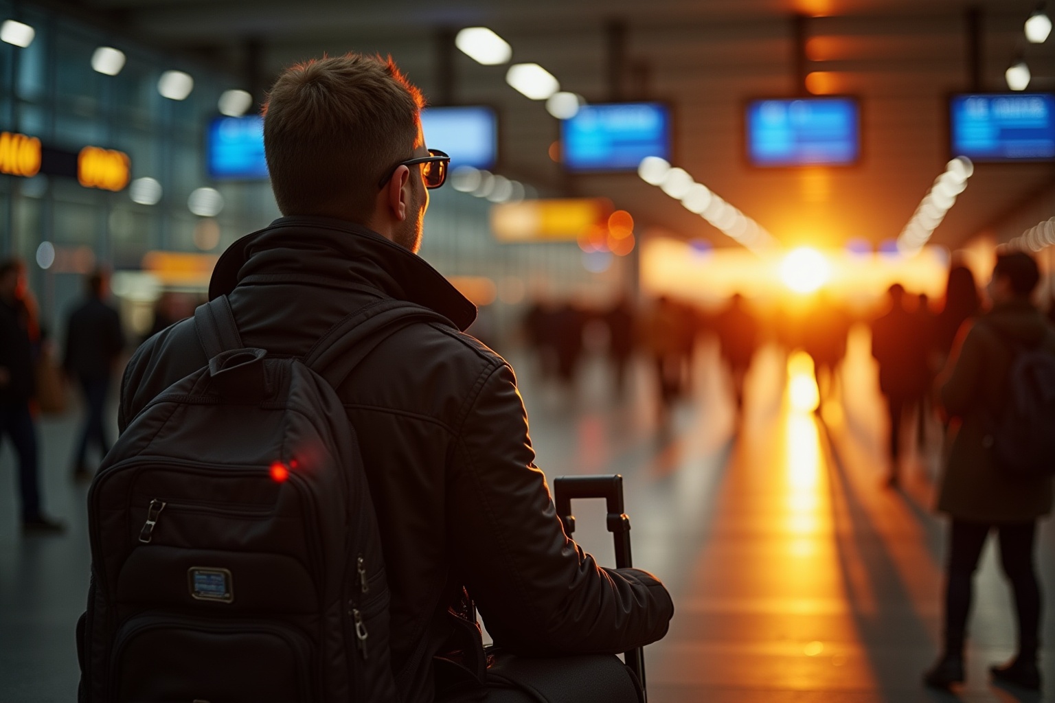 Homme avec sac à dos dans un aéroport au crépuscule.